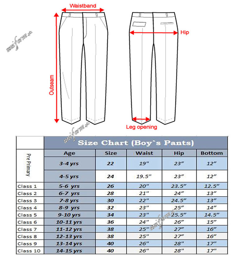 Boys Pants Size Chart